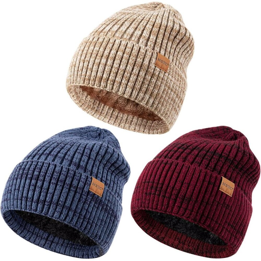 Unisex Beige Blue Warm Fleece-Lined Knit Beanie Skull Cap for Cold Weather